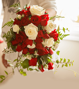 Red and White Rose Cascading bouquet from $250.00